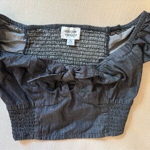 Unique Vintage Gray Smocked Tie Front Blouse